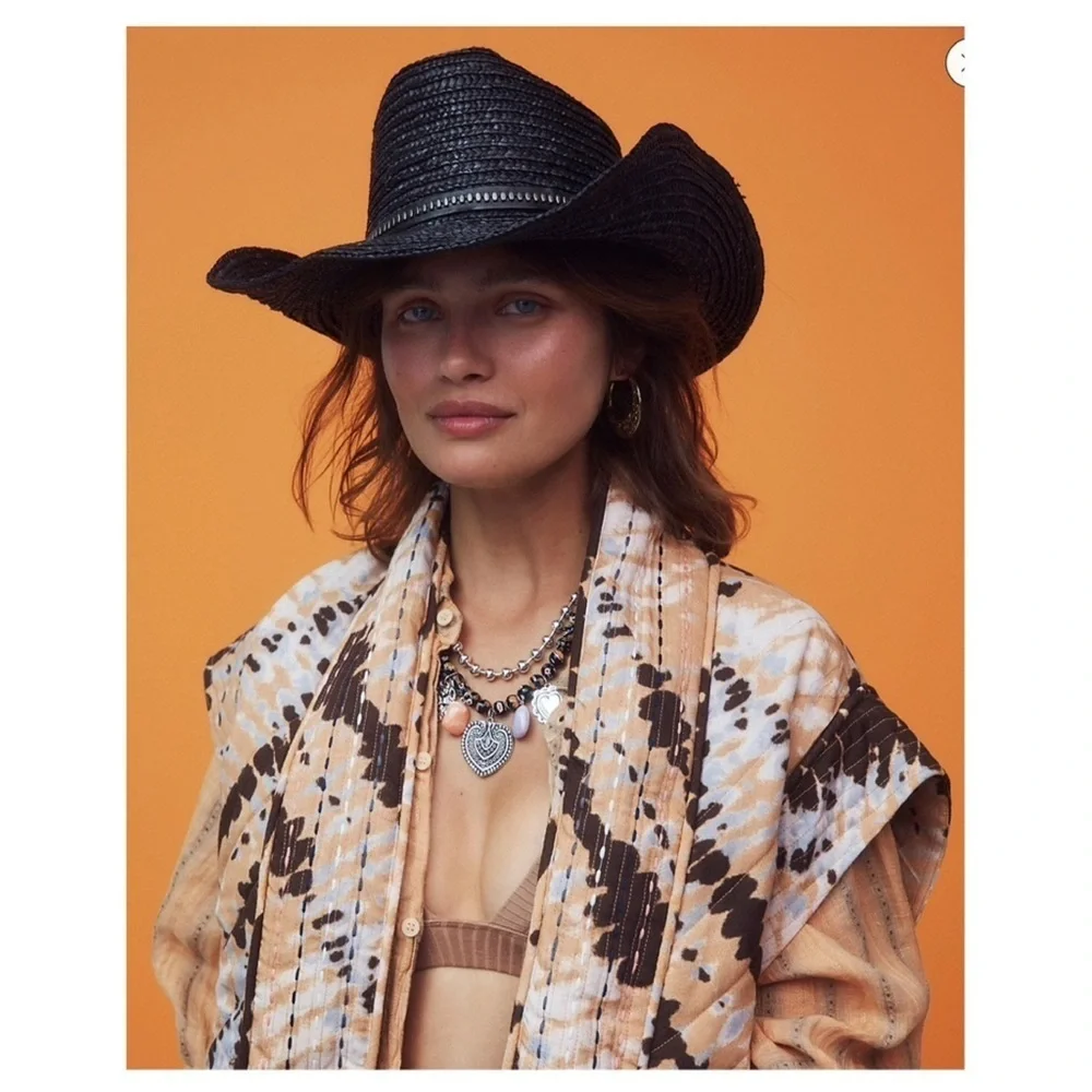 Free People Fame Straw Western Cowboy Hat In Black